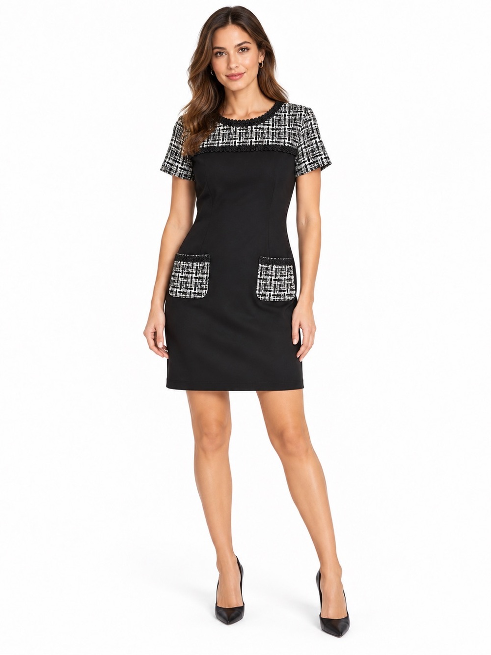 Karl Lagerfeld Paris Black & White Tweed Trim Sheath Dress Approx. Size M